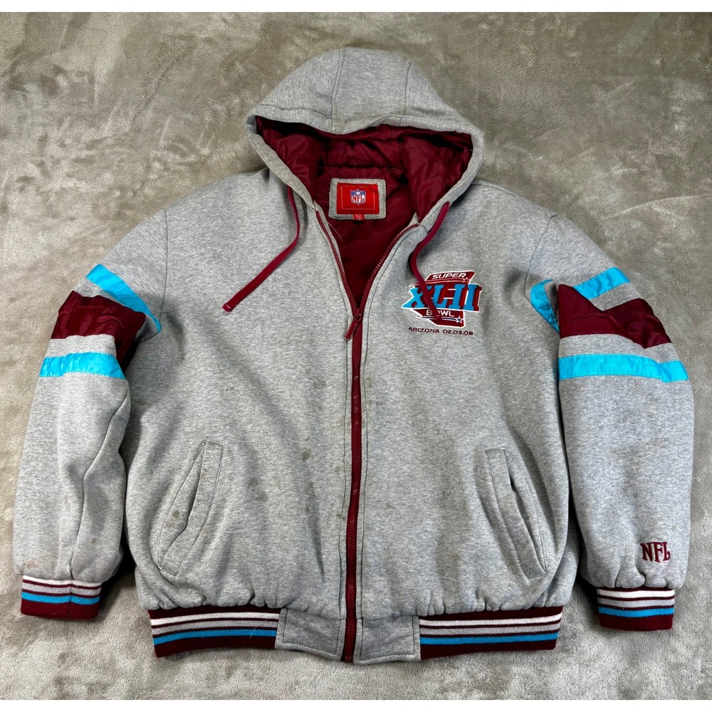 NFL Super Bowl XLII Hoodie Mens XL Gray 2008 Arizona Quilted Varsity Zip